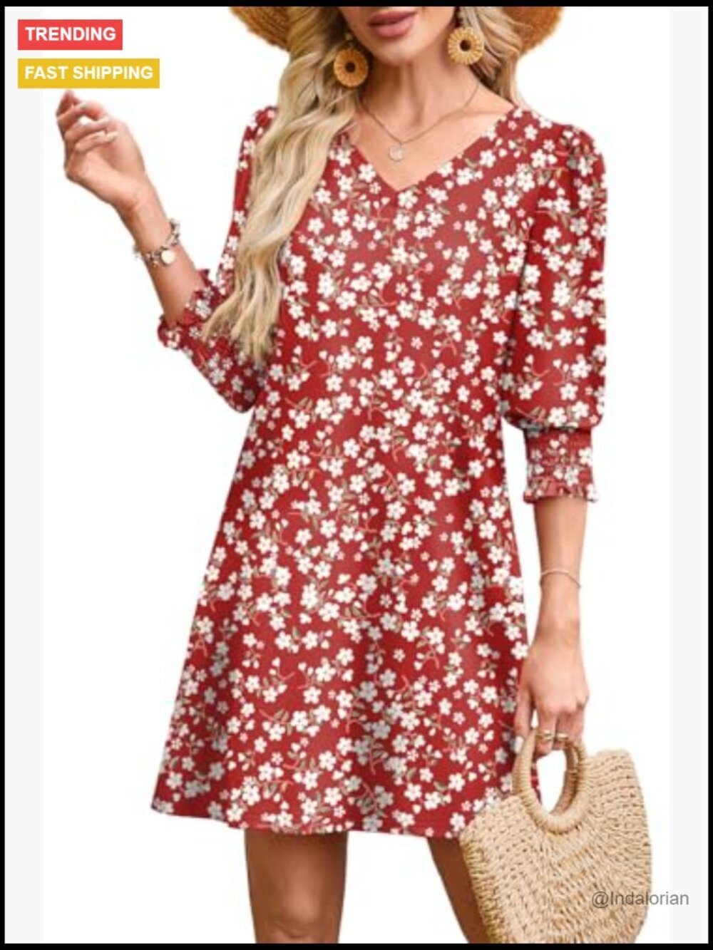 3/4 Sleeve Midi Dress with Pockets, V-Neck, Flowy Fit - Picture 3 of 7
